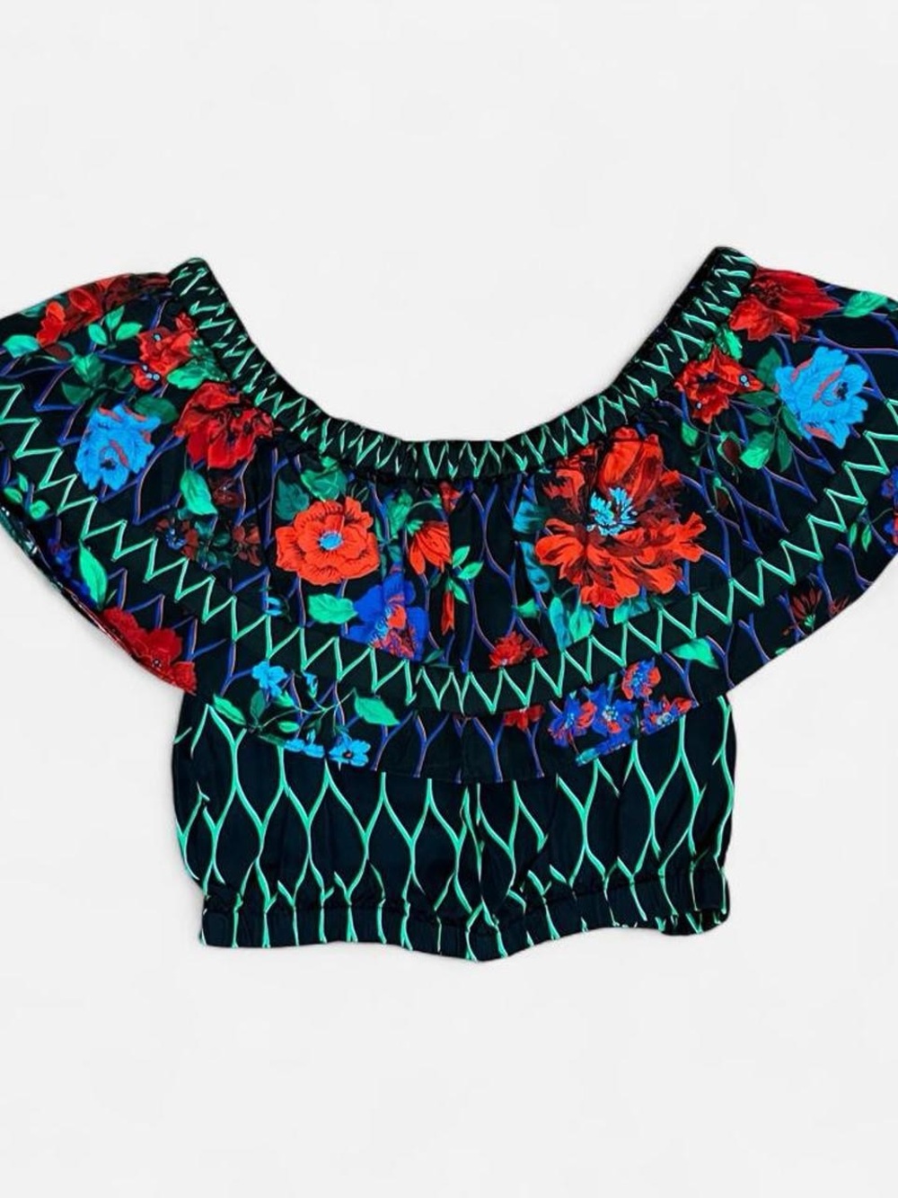 Kenzo Navy Floral Off-Shoulder Smocked Crop Top with Red & Blue Flowers